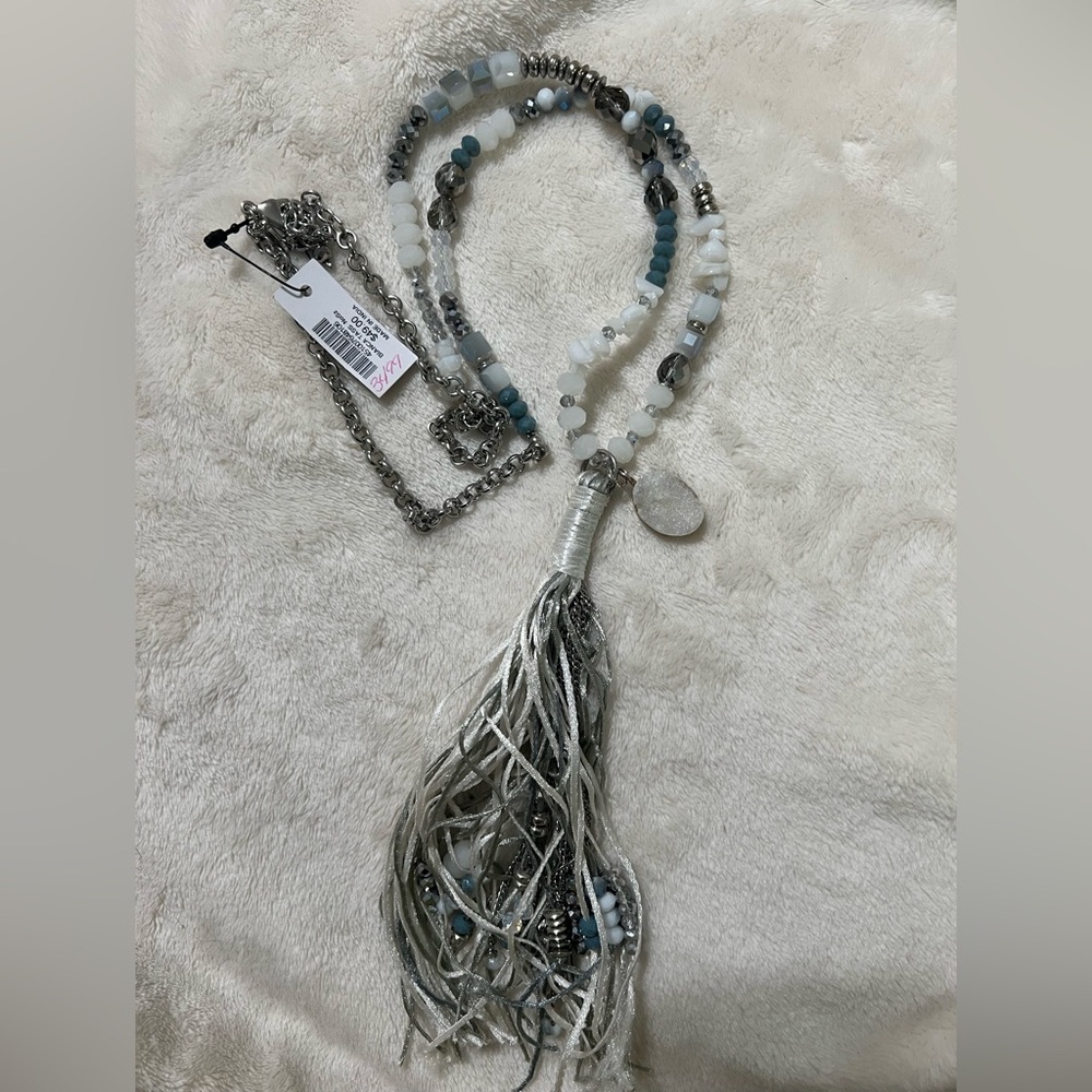 Silver blue multi strand statement beaded necklace chicos long glass